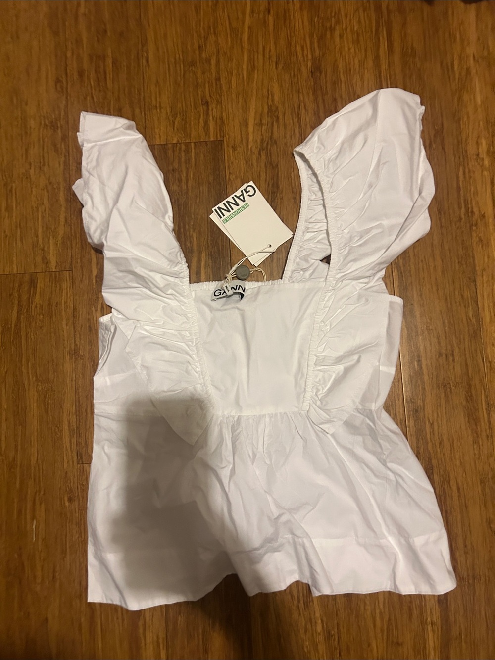 GANNI Ruffled 100% Organic Cotton Poplin Top White Original Price $195 - Picture 9 of 11